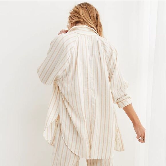 aerie XS Ivory Tan Vertical Stripe Pool-to-Party Linen Blend Cover up Shirt - Picture 4 of 17